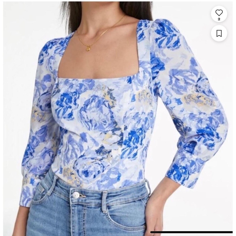 NWT Commense Sz XL Blue Floral Smocked Back Puff Sleeve Blouse Top Cottagecore